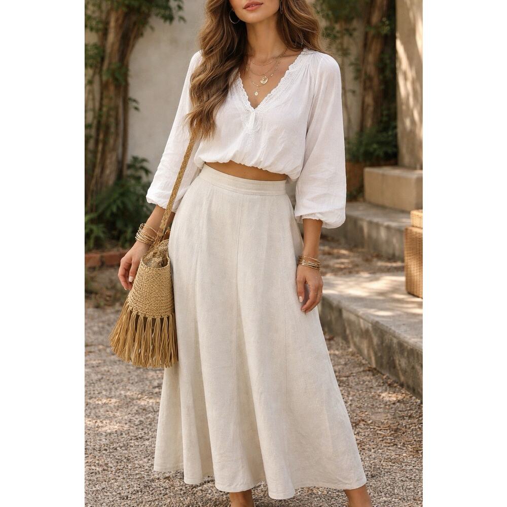 CJ Banks Linen Blend Maxi Skirt 14W Beige Lined Boho Coastal Minimalist Capsule